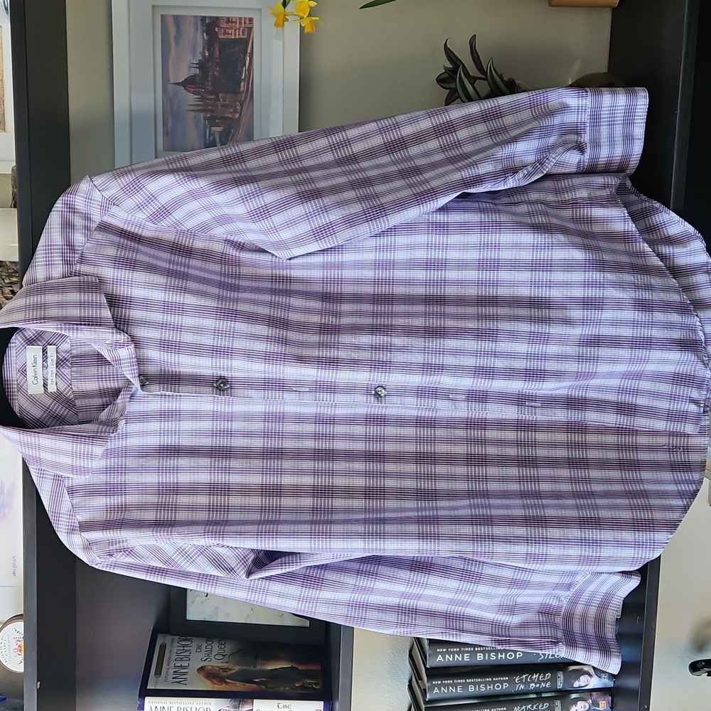 Calvin Klein Lavender Casual Button Down Shirt with Plaid Pattern